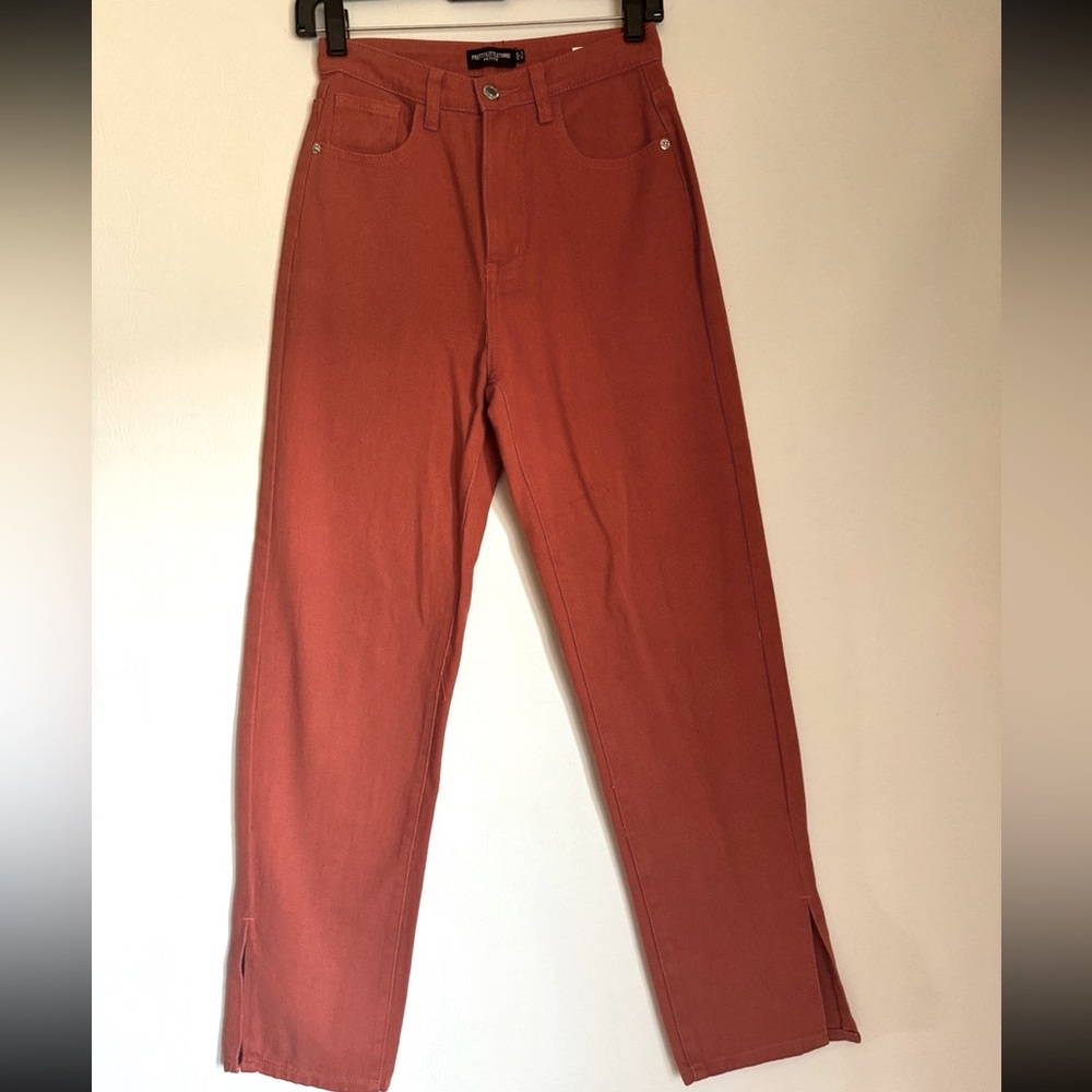 Pretty Little Thing Rust Split Hem High Rise Jeans 2